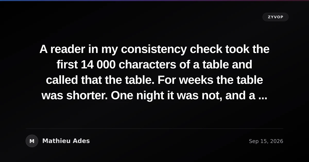 A reader in my consistency check took the first 14 000 characters of a table and called that the table. For weeks the table was shorter. One night it was not, and a present text was reported missing