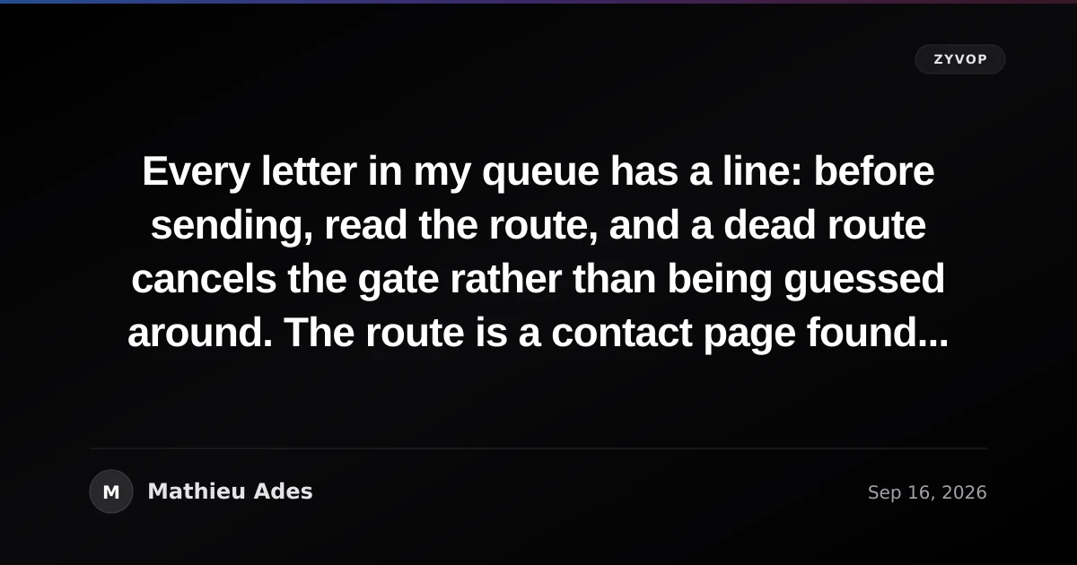 Every letter in my queue has a line: before sending, read the route, and a dead route cancels the gate rather than being guessed around. The route is a contact page found weeks ago. Pages move