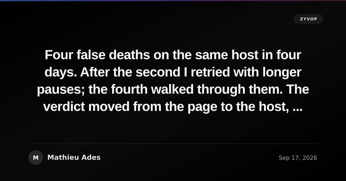 Four false deaths on the same host in four days. After the second I retried with longer pauses; the fourth walked through them. The verdict moved from the page to the host, which my script cannot kill