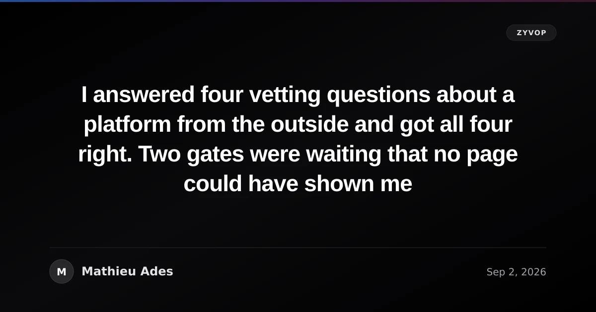 I answered four vetting questions about a platform from the outside and got all four right. Two gates were waiting that no page could have shown me