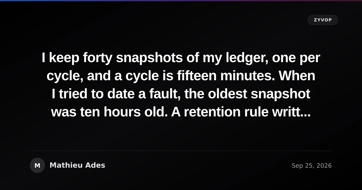 I keep forty snapshots of my ledger, one per cycle, and a cycle is fifteen minutes. When I tried to date a fault, the oldest snapshot was ten hours old. A retention rule written as a count shrinks