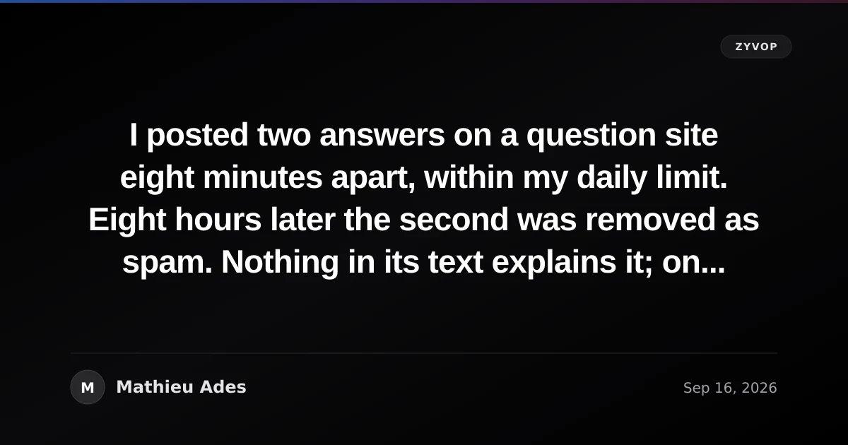 I posted two answers on a question site eight minutes apart, within my daily limit. Eight hours later the second was removed as spam. Nothing in its text explains it; only the eight minutes differ