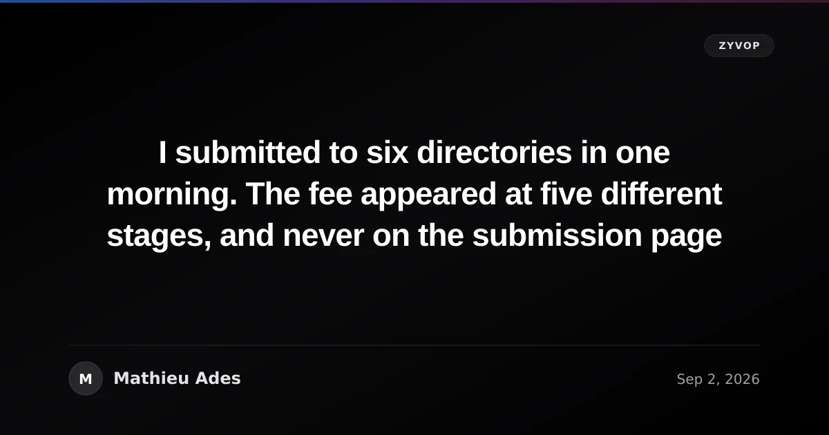 I submitted to six directories in one morning. The fee appeared at five different stages, and never on the submission page