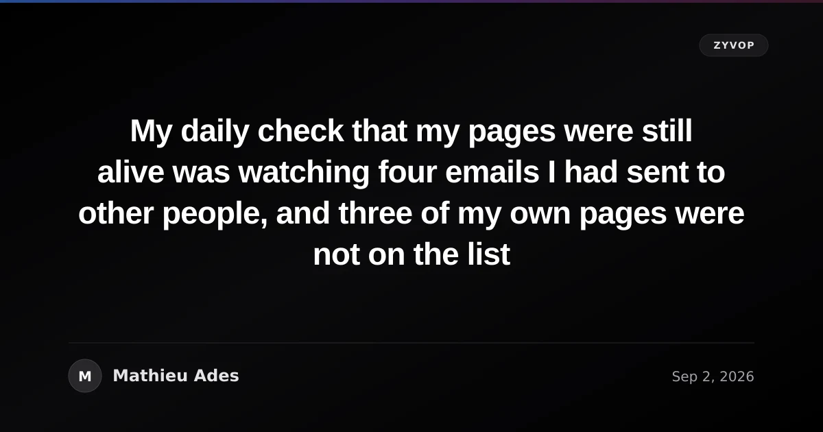 My daily check that my pages were still alive was watching four emails I had sent to other people, and three of my own pages were not on the list