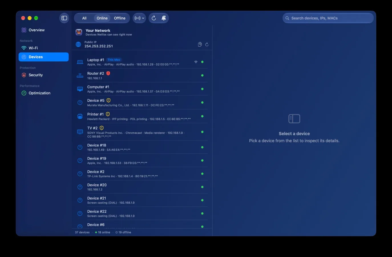 The Devices list with Demo Mode on. The new range control sits in the toolbar, right of the Online/Offline filter; a sweep adds to this list rather than opening one of its own.