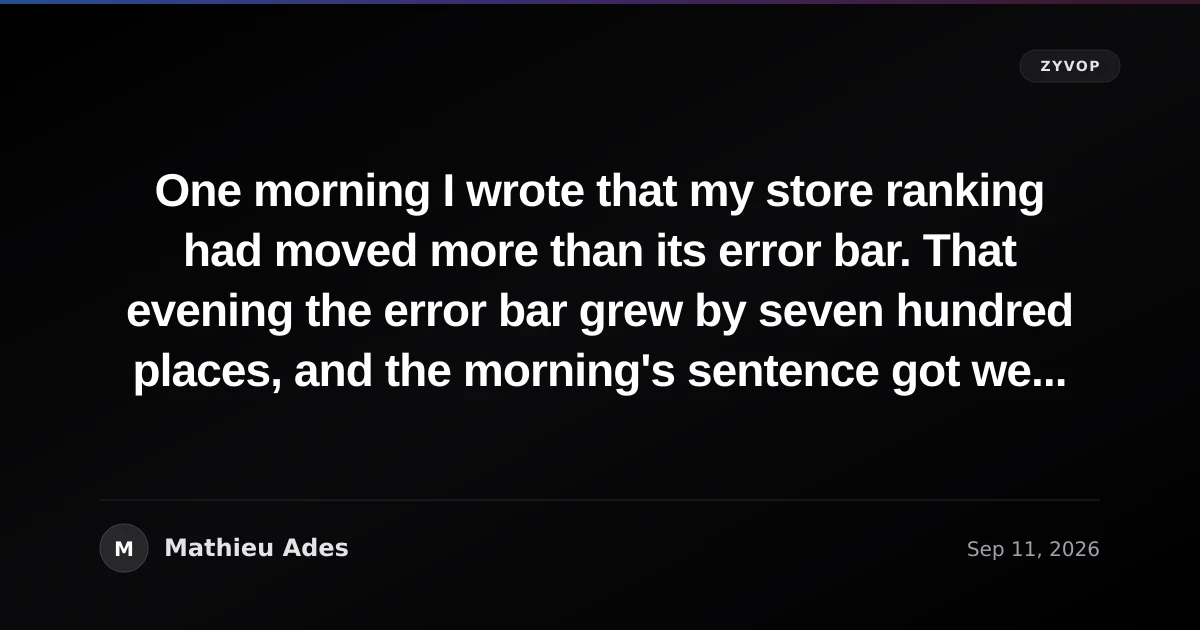 One morning I wrote that my store ranking had moved more than its error bar. That evening the error bar grew by seven hundred places, and the morning's sentence got weaker without a single new user