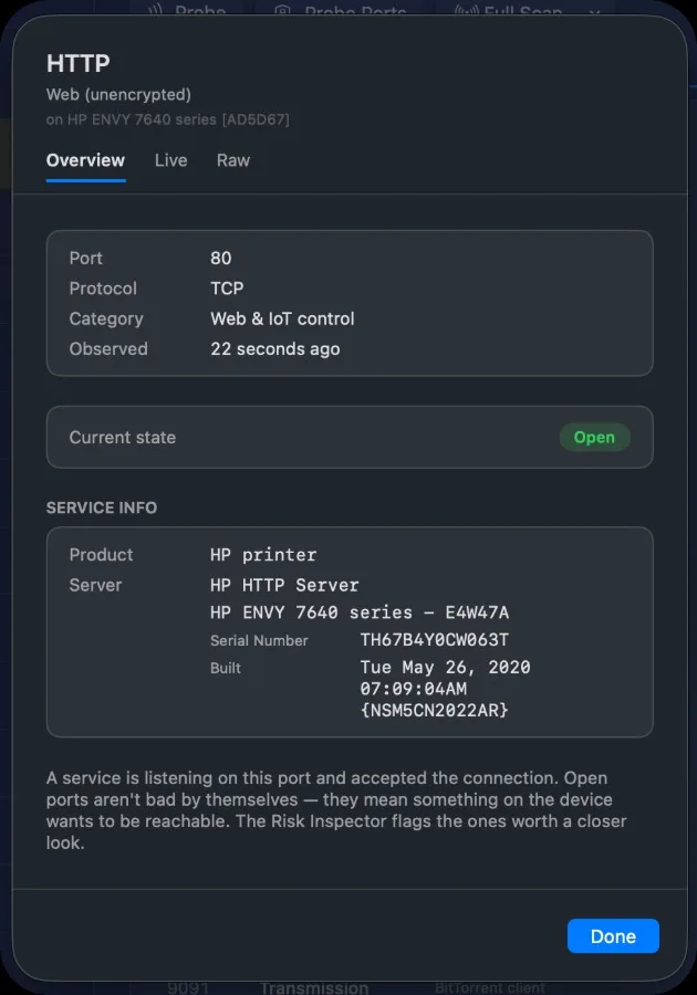 The service lookup on an open port. The certificate card sits right beside it, behind the same privacy switch.
