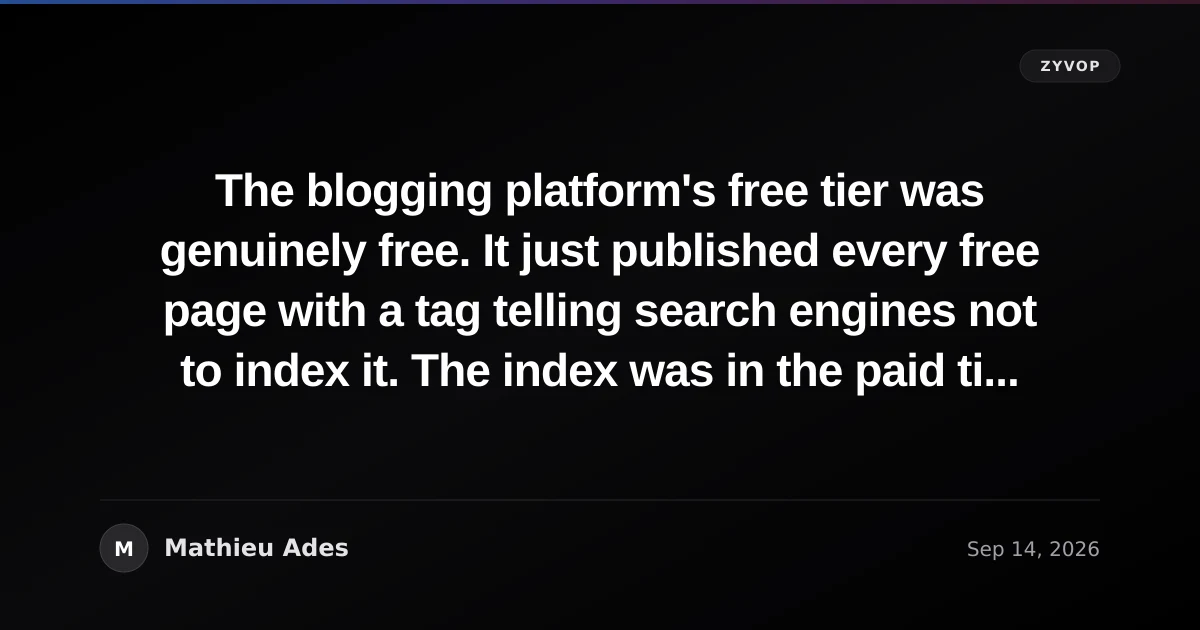 The blogging platform's free tier was genuinely free. It just published every free page with a tag telling search engines not to index it. The index was in the paid tier, listed as a feature